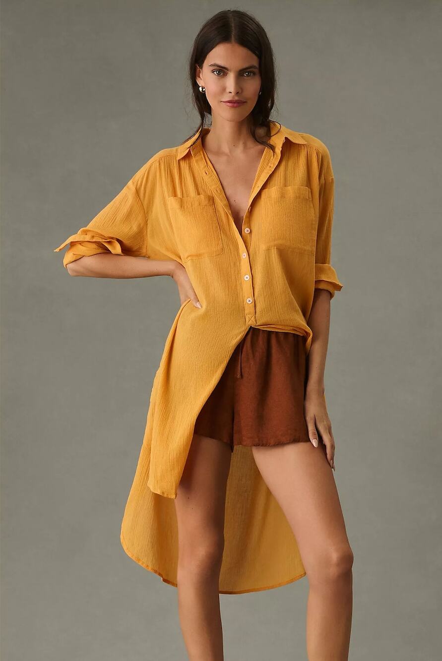 Anthropologie Duster Tunic Button Down Cotton Shirt Lagenlook Size Small